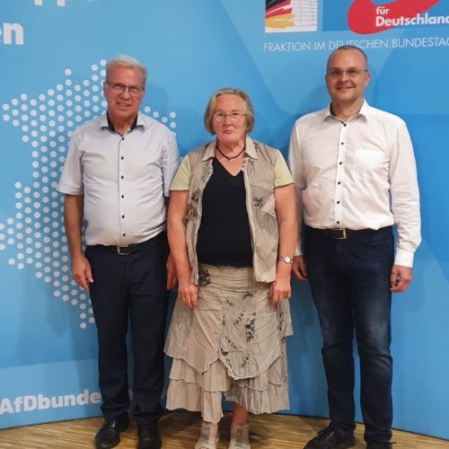 Markus Bühl, Angelika Barbe und Klaus Stöber vor einer AfD Stellwand.